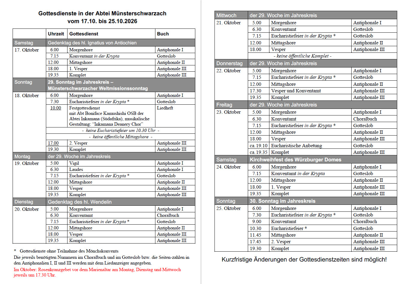 Übersicht mit Gebets- und Gottesdienstzeiten vom 17. bis zum 25. Oktober 2026