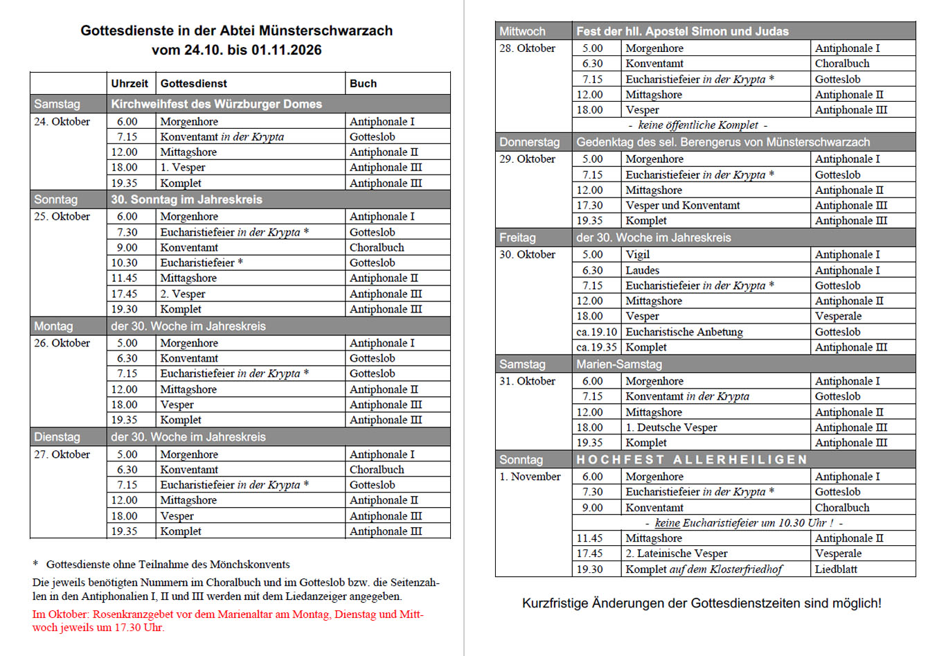 Übersicht mit Gebets- und Gottesdienstzeiten vom 17. Oktober bis zum 1. November 2026