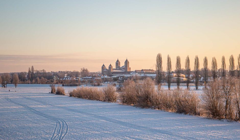 Blick über ein schneebedecktes Feld auf die Abtei